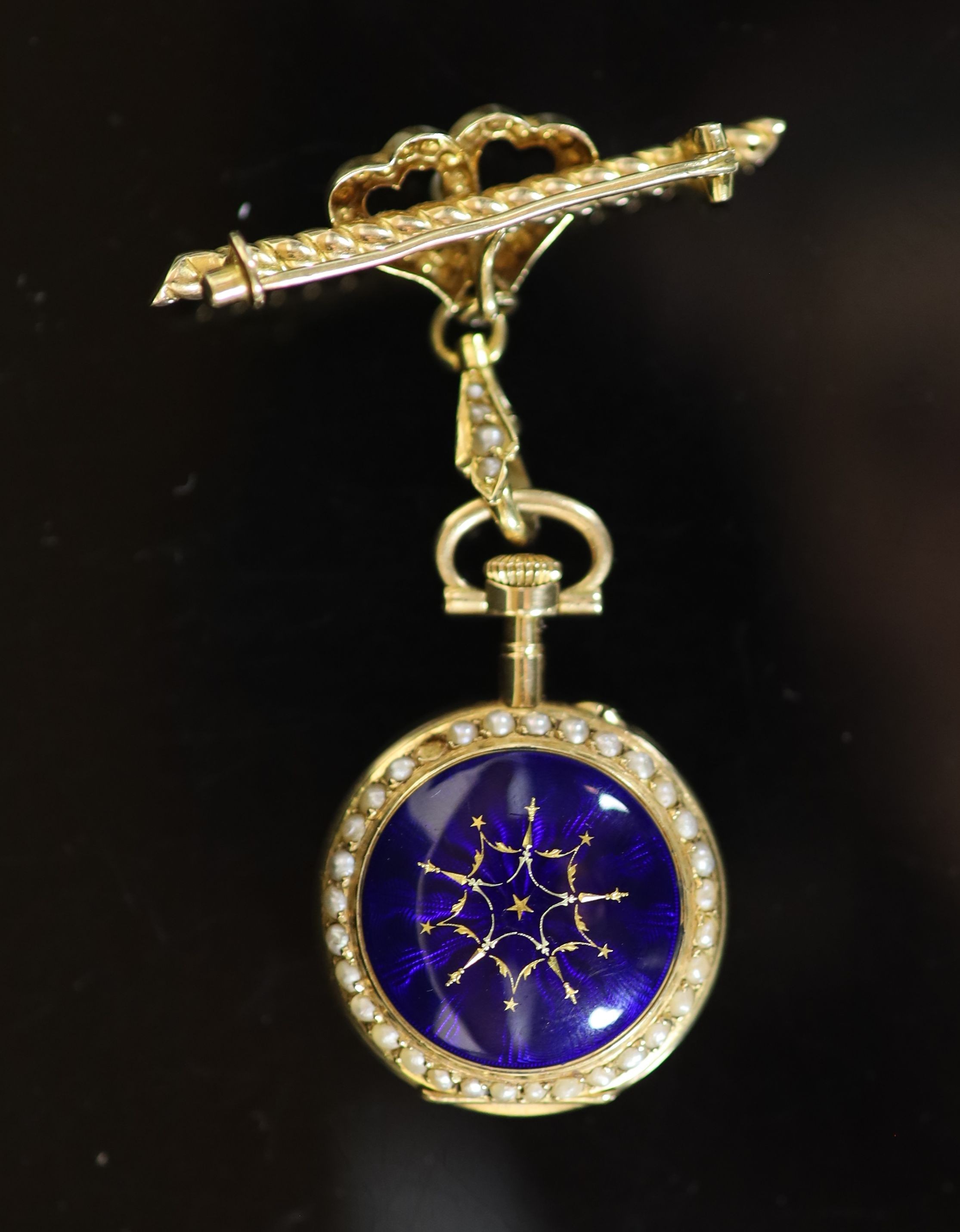 An early 20th century Swiss enamelled keyless 18ct gold fob watch, watch 3.75cm.